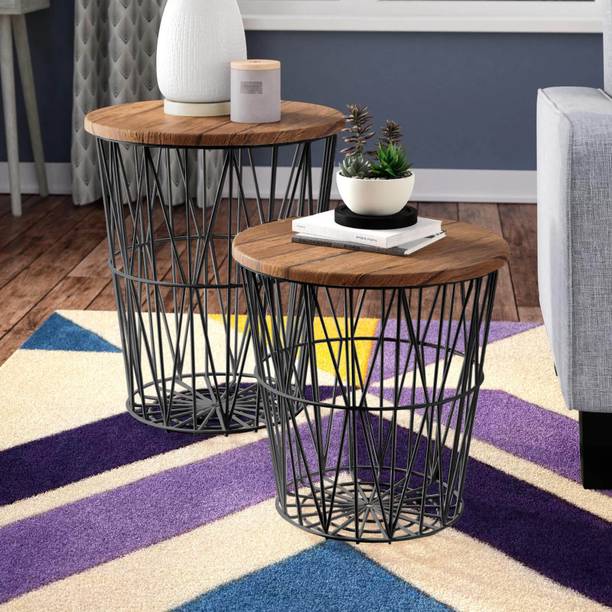 Interior Handicraft Metal Basket Wood Top Accent Side Home & Office End Coffee Tables with Storage Metal Nesting Table