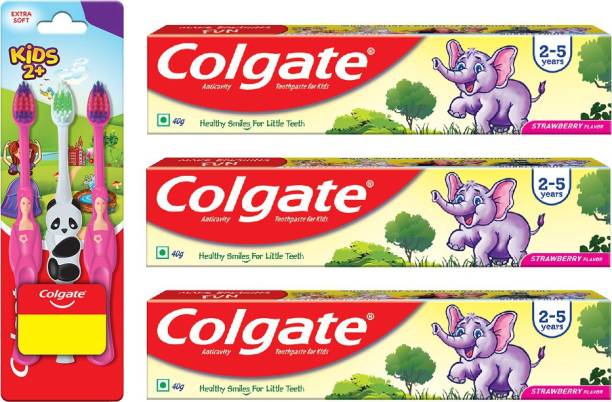 Colgate Kids Gentle Soft Toothbrush (3pcs) & Strawberry flavour Toothpaste 40g (3pcs)