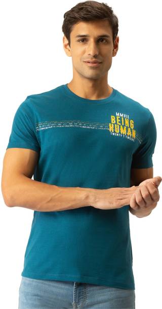 BEING HUMAN Solid Men Round Neck Blue T-Shirt