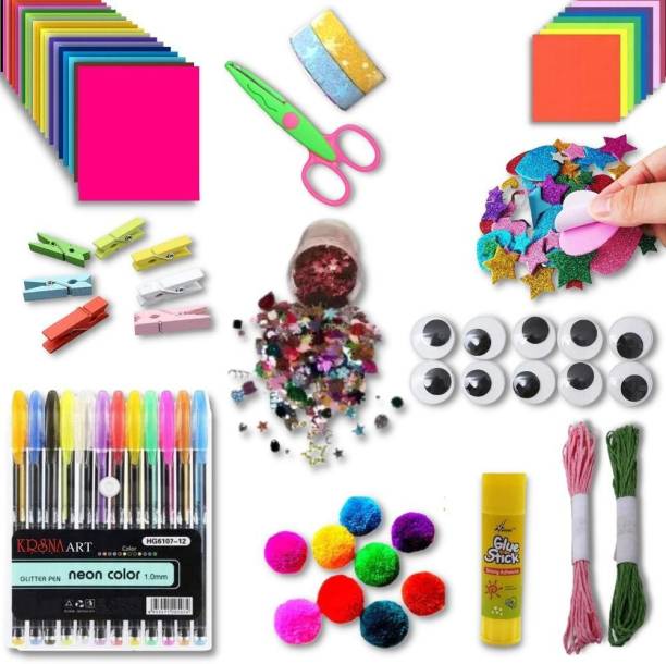 KAMAL Art Craft 12 pcs Kit for Kids Thread neon Decorative Tape Foam Googly Eyes