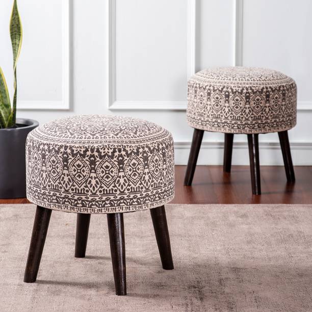 nestroots Sitting Stool for Living Room Furniture Set of 2 Ottoman pouffes for Sitting | Wooden Small Printed Puffy Foot Stool Home Furniture (17 inch Grey) Living & Bedroom Stool