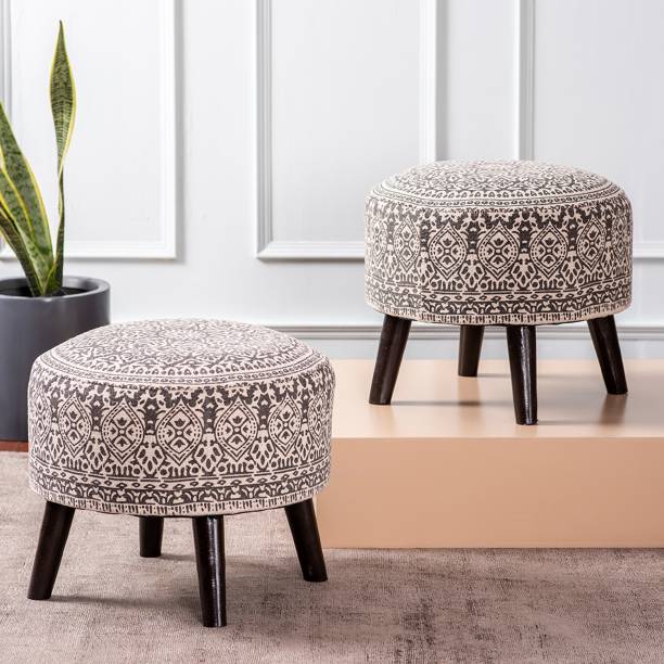 nestroots Stool for Living Room set of 2 sitting printed ottoman upholstered foam cushioned pouffe puffy for foot rest home furniture with 4 wooden legs Cotton Canvas ("14"inch Height Set of 2 Grey) Stool