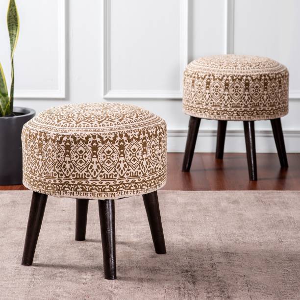 nestroots Sitting Stool for Living Room Furniture Set of 2 Ottoman pouffes for Sitting | Wooden Small Printed Puffy Foot Stool Home Furniture (17 inch Yellow) Stool