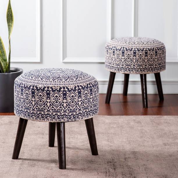 nestroots Sitting Stool for Living Room Furniture Set of 2 Ottoman pouffes for Sitting | Wooden Small Printed Puffy Foot Stool Home Furniture (17 inch Blue) Living & Bedroom Stool