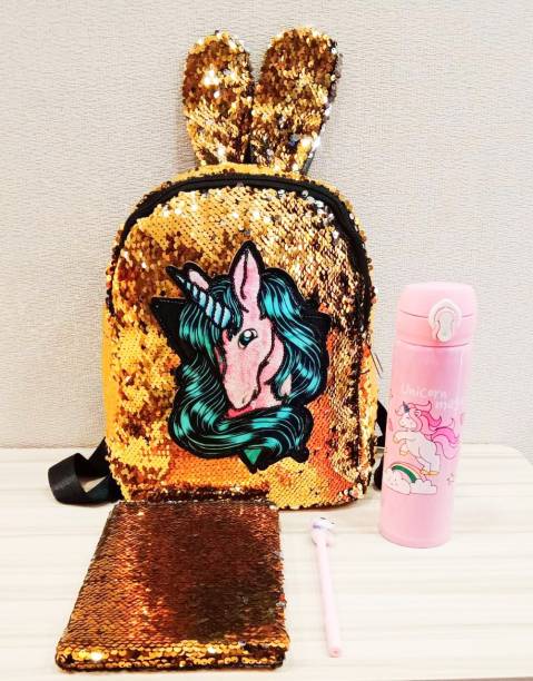 Magic of Gifts Unicorn Sequin Bag with Sequin Diary, Pen & Flip Water Bottle for Kids Waterproof School Bag