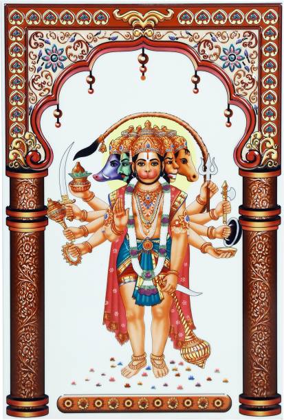 KRAFTORY369 Hanuman Panchmukhi Standing, Ceramic Tiles, God Photo Frame, (10x15 Inches), Decoration Religious Tile