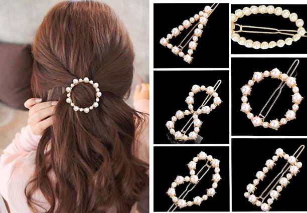 Trendy Club 6 Pcs Geometric Style Pearl Hair Clips for Women Girls 6 Random Designs Hair Clip