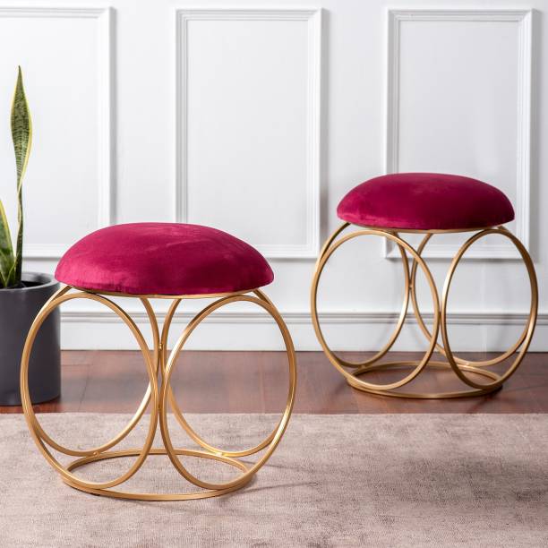 nestroots Sitting Stool for Living Room Furniture Set of 2 Ottoman pouffes for Sitting | Metallic Side Table Puffy Foot Stool with Metalic Ring Gold Legs Home Furniture ( 14 inch Maroon) Stool