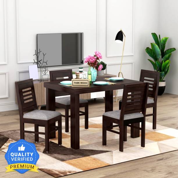 Taskwood Furniture Solid Wood Four Seater Dining Table With 4 Chairs| Finish- Walnut| Cushion- Grey Solid Wood 4 Seater Dining Set