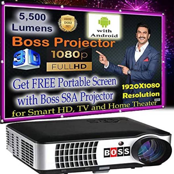 BOSS S8A Android Full HD Office, HomeProjector 1920X1080 200" HDMI/AV/VGA/USB/TV (55000 lm / 1 Speaker / Wireless / Remote Controller) Portable Projector