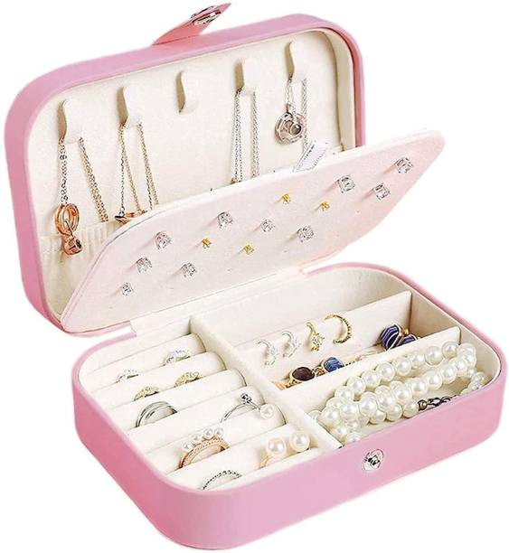 HSR Travel Jewelry Organizer,PU Leather Travel Jewelry Case,Double Layer Small Jewelry Box for Women Girls,Jewelry Organizer Box for Necklace,Ring,Earring Multi Jewelry Organizer Vanity Box