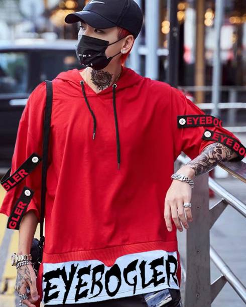 Eyebogler Loose fit Hooded Mens T-shirt Men Printed Hooded Neck Cotton Blend Red T-Shirt Price in India