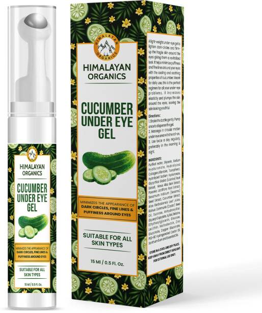 Himalayan Organics Cucumber Under Eye Gel with Massage Roller to Reduce Dark, Puffiness & Fine Lines with Castor Oil, Vitamin E & Sesame- 15ml