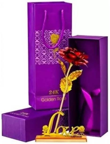 BHATIA Golden Red RoseWithGolden Love Stand & Gift Box With Carry Bag|Rose Day Gift Gold, Red Rose Artificial Flower  with Pot