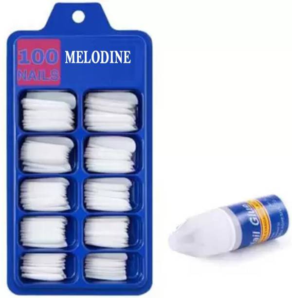 MELODINE Artificial Curve Tips Fake Nails with Glue (White) White (Pack of 100) WHITE
