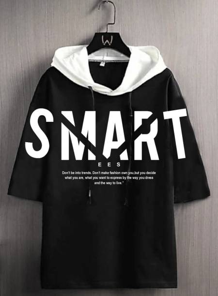 Smartees Printed Men Hooded Neck Black T-Shirt