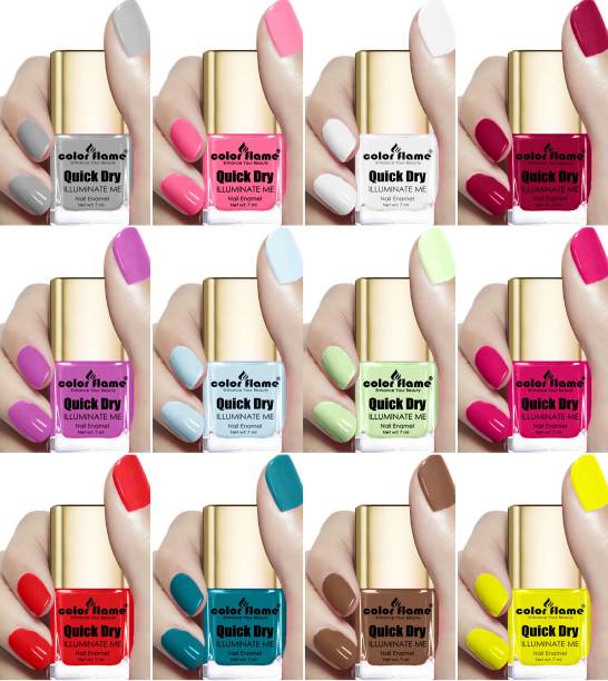 COLOR FLAME Trending Color Rich High Gloss Non UV Long Lasting New Nail Polish Set Grey,Pink,White,Plum,Orchid,Blue,Pastel Green,Rouge,Red,Turquoise,Coffee,Yellow