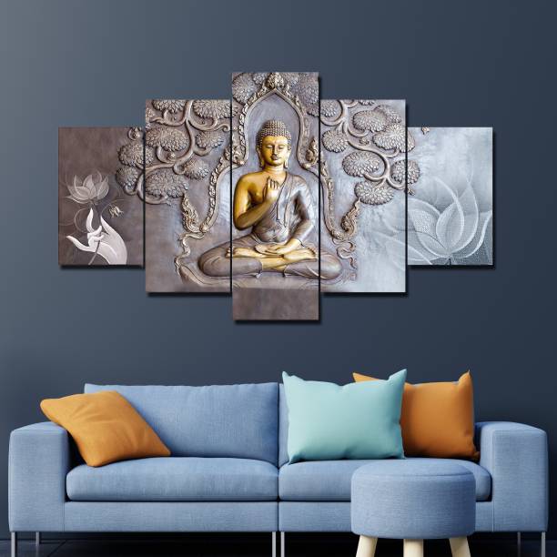 Craft Junction Lord Buddha Art Print Design Set of 5 MDF Self Adhesive Panel Frame Wall Decor Digital Reprint 17 inch x 30 inch Painting