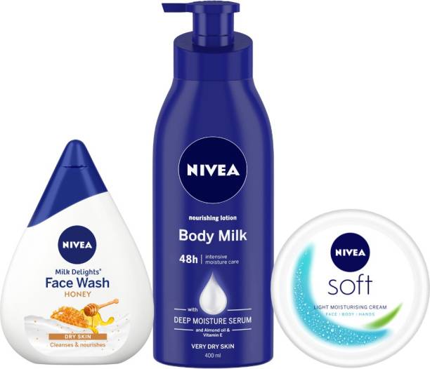 NIVEA Body Lotion, Nourishing Body Milk 400 ml, Milk Delights Honey, Facewash 100 ml and Soft Light Moisturizer, Non Sticky Cream, 50 ml