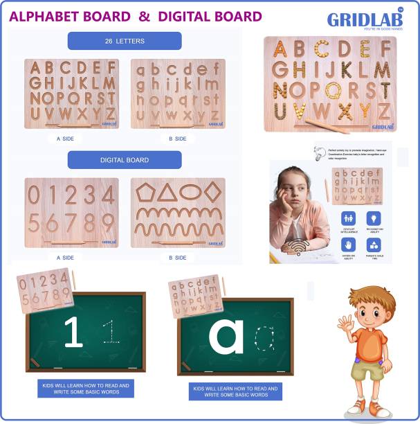 Gridlab Wooden Capital & Small Alphabet And Numeric & pattern board for Writing