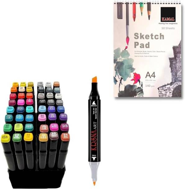 KAMAL Combo of A4 Sketch pad 50 Sheets with Twin Headed Dual Tip Markers set of 48