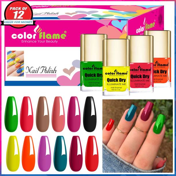 COLOR FLAME Trending Rich Color High Gloss Non UV Long Lasting New Nail Polish Set Green,Melon,Coffee,Salmon,Purple,Black,Yellow,Orange,Orchid,Turquoise,Plum,Red