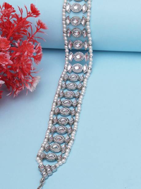 Karatcart Oxidised Silver Pearl Ball Studded Eanamelled Kundan Hair Chain