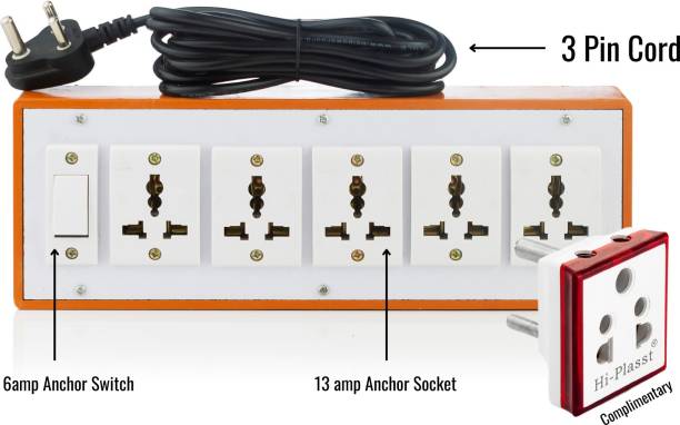 HI-PLASST Power Strip with 1 6amp Anchor Switch ,5 13Amp Anchor Sockets and 4 yard cord 5  Socket Extension Boards