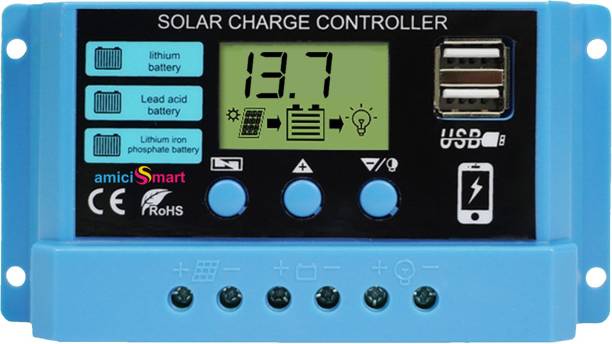 amiciSmart Solar Charger Controller 10A, Intelligent Battery Regulator for Solar Panel LCD Display with USB Port 12V/24V PWM Solar Charge Controller