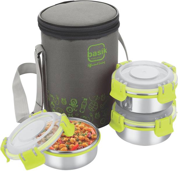 BASIK Featherline Click 3 Stainless Steel Lunch Box, Set of 3, (280ml/container) Green 3 Containers Lunch Box