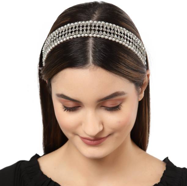 Karatcart Oxidised Silver White Kundan Handcrafted Hairband Hair Chain