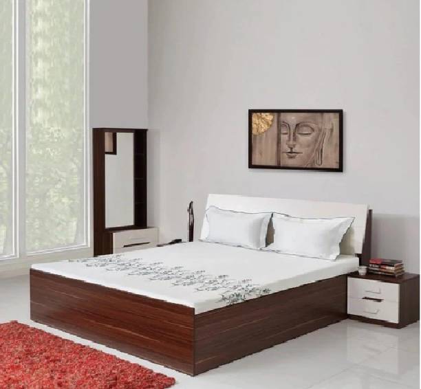 Lakdi King Size Bed with Hydraulic Storage for Home and Hotels - Brown/White Engineered Wood King Hydraulic Bed