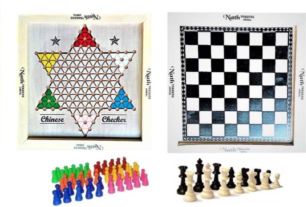 HK Sport & Toys Wooden Chinese Checker and Chess Board with Plastic Tokens & Chessmen Strategy & War Games Board Game