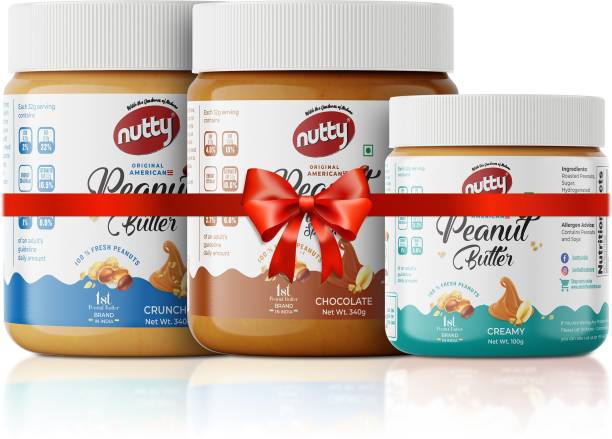 Nutty Peanut Butter Combo Crunchy 340g +Chocolate Spread 340g +Creamy 100g (Pack of 3) 780 g