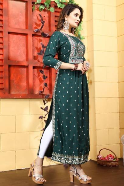 Women Printed, Embroidered Cotton Rayon Straight Kurta Price in India