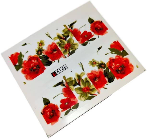 SENECIO® Floral Red A148 Nail Art Manicure Decals Water Transfer Sticker 1 Sheet