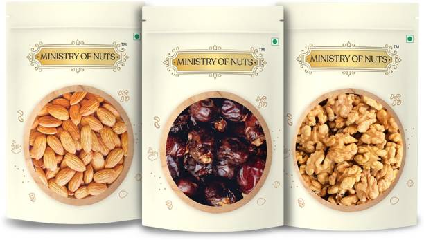 Ministry Of Nuts Pack of 3 Premium Dry Fruits California Almonds 200g, Dates 200g, Walnuts 125g Assorted Nuts