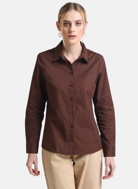 KAZO Women Solid Formal Brown Shirt