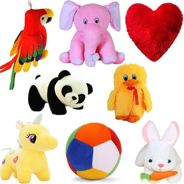 Macros Classic Super Soft Complete Family Pack Combo of 8 Teddy Bear Toy in Low Budget for kids / Gift , Parrot , Elephant , Penguin , Panda , Duck , Unicorn , Pikachu , Rabbit .  - 25 cm