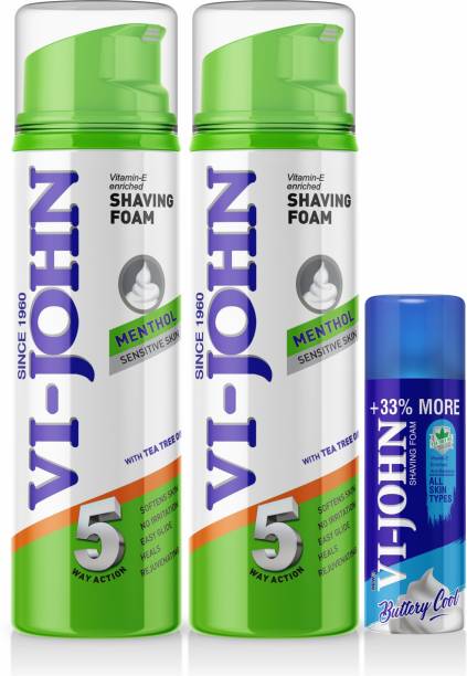 VI-JOHN Shaving Foam Menthol 200 g (pack of 2) & All Skin Type 100 g (500 g)
