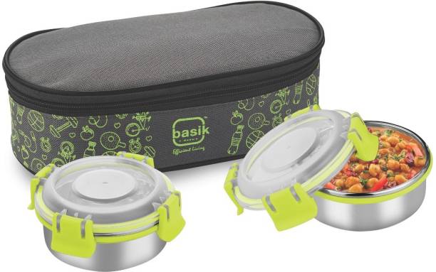 BASIK Featherline Click 2 Stainless Steel Lunch Box, Set of 2, (280ml/container) Green 2 Containers Lunch Box