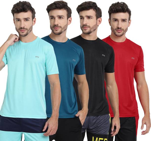 Pack of 4 Men Solid Round Neck Light Blue, Red, Blue, Black T-Shirt Price in India