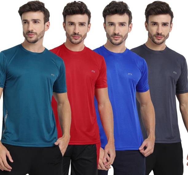 Pack of 4 Men Solid Round Neck Polyester Multicolor T-Shirt Price in India