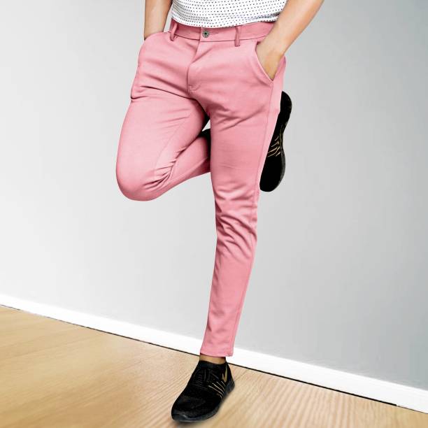 Men Slim Fit Pink Cotton Blend Trousers Price in India