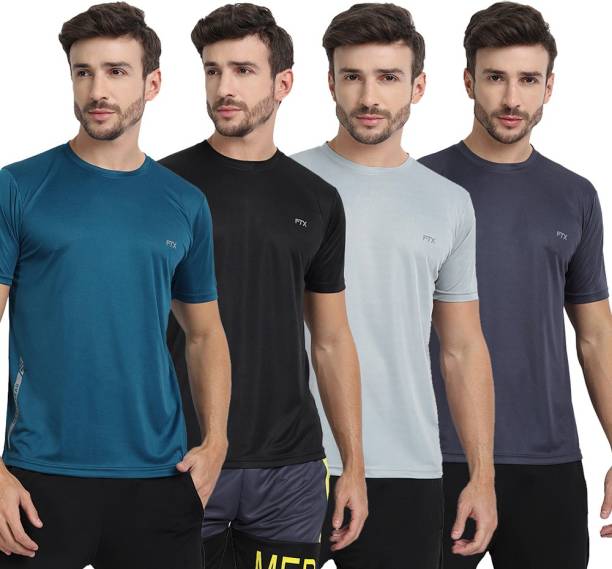 Pack of 4 Men Solid Round Neck Silver, Blue, Black, Grey T-Shirt Price in India