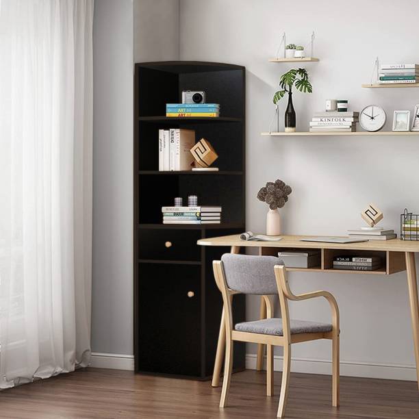 KAWACHI Living Room, Bedroom Corner Cabinet with Drawer Side Storage Rack Book Shelf Engineered Wood Semi-Open Book Shelf