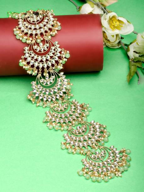 Karatcart Light Green Beads Gold Plated Kundan Bridal Wedding Hair Braid Choti Braid Extension