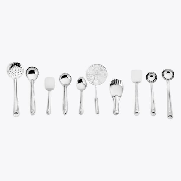 Parage Stainless Steel Cooking and Serving Spoon Set for Kitchen 10 Pieces, Silver (Contains: Ladles, Turners, Strainer, Rice Spoon, Oval Spoon, Serving Spoon) Silver Kitchen Tool Set