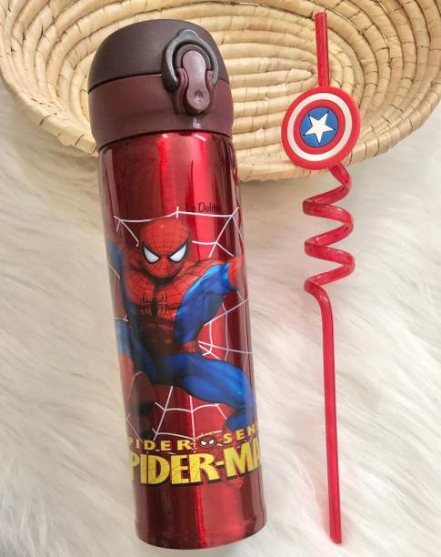 Le Delite SPIDER THEME SUPERHERO STAINLESS STEEL WATER BOTTLE FLASK SIPPER THERMOS + STRAW 450 ml Bottle