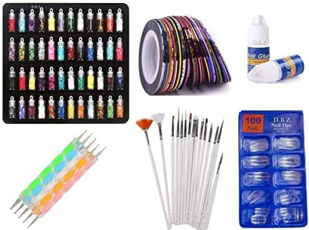 Pleev 48 Pcs Glass Bottles Multicolor Glitter Stones,100 Fake Nails,10 Nail Tapes, 15 Nail Art Brush, 5 Nail Dotting Pen with 2 Glue